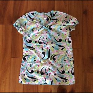 Koi scrub top white / turquoise and pink size S